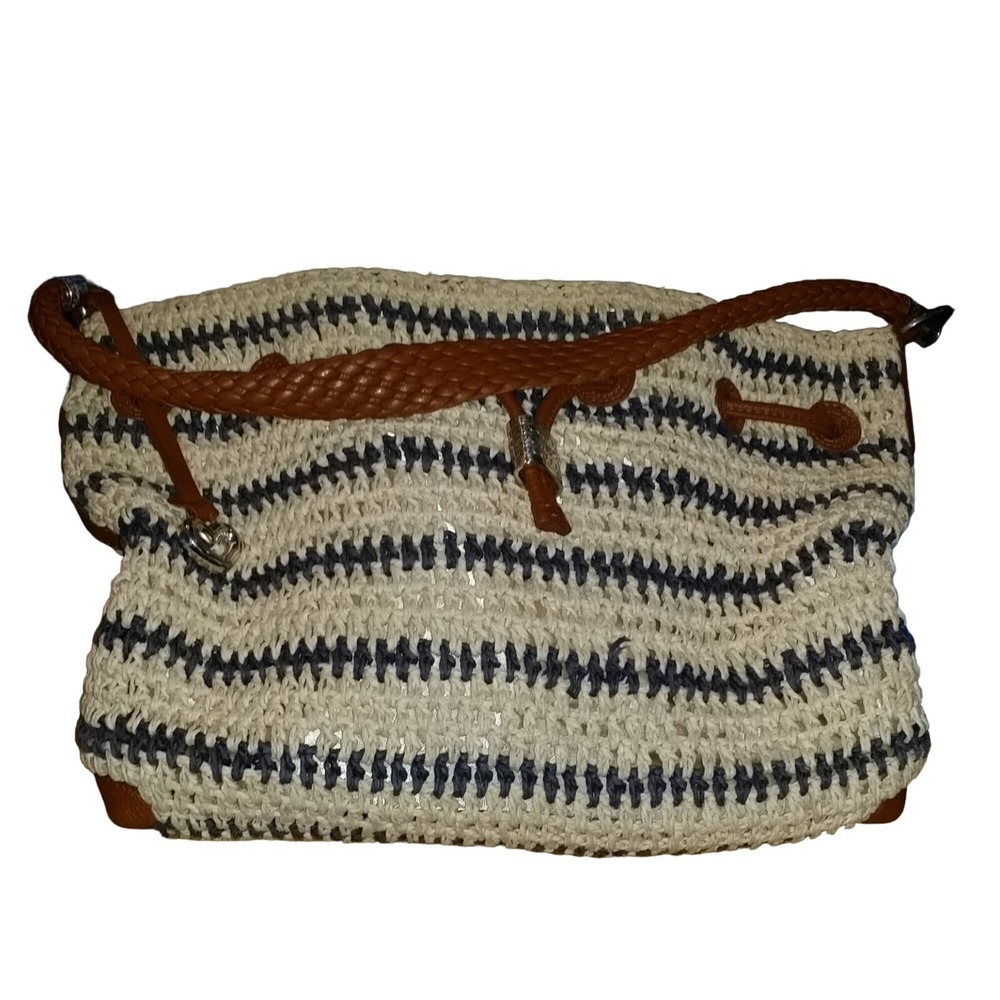 Brighton Straw Hobo Bag Women M Navy Beige Leather Strap Woven‎ Straw Shoulder